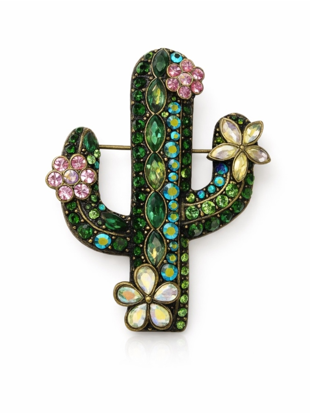 Colorful Cactus Brooch with Gem Accents